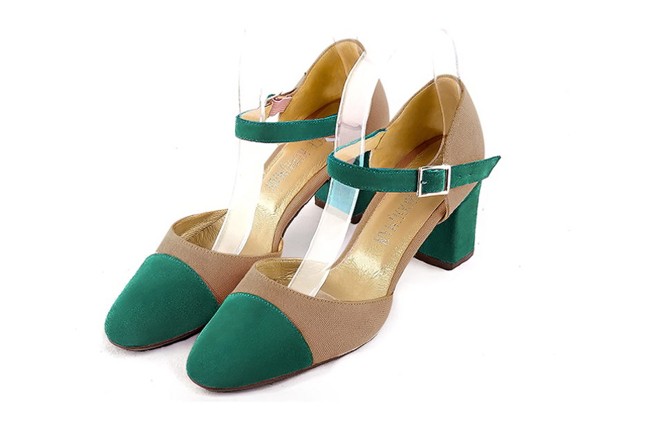 Women's emerald green and tan beige open side dress shoes, with an instep strap. Round toe. Medium block heels - Front view